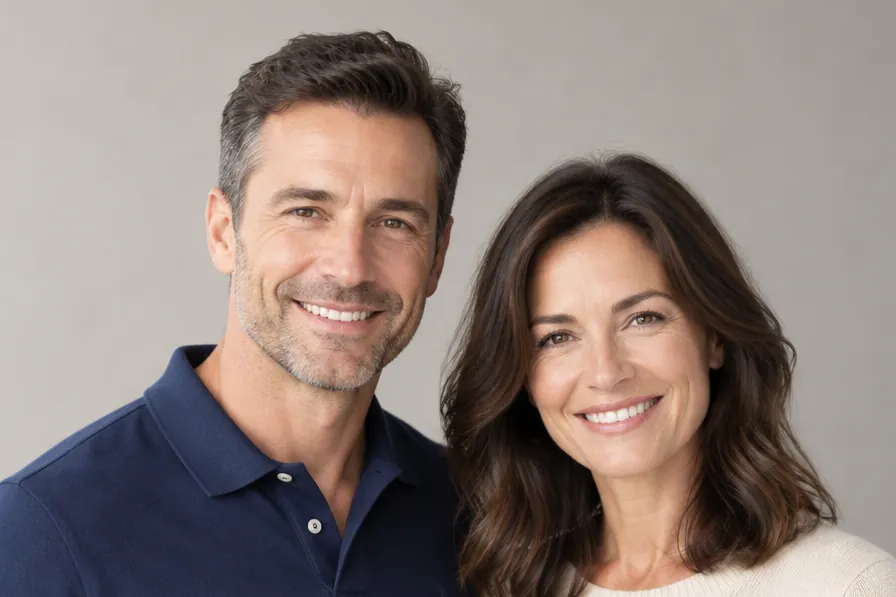 A smiling man and woman in their forties, both with full, healthy hair.