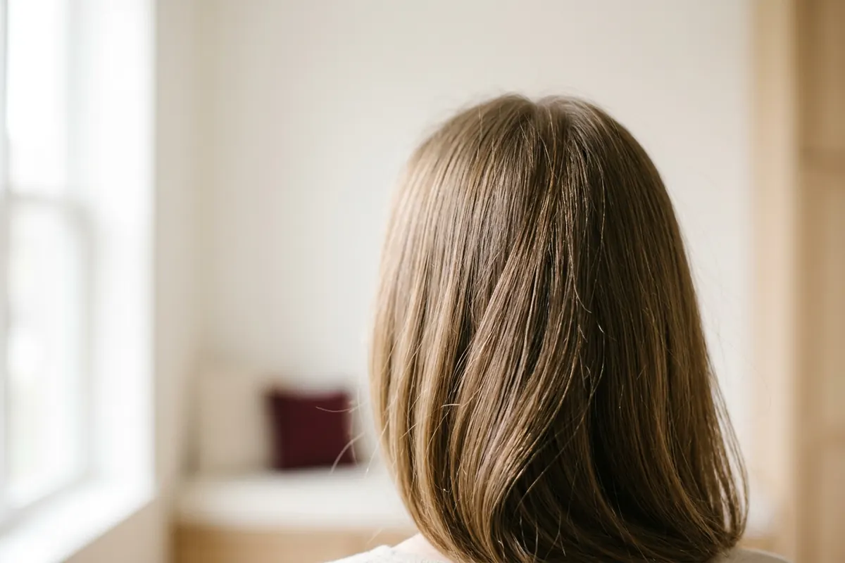 Close-up of healthy, glossy, shoulder-length brown hair catching soft window light.