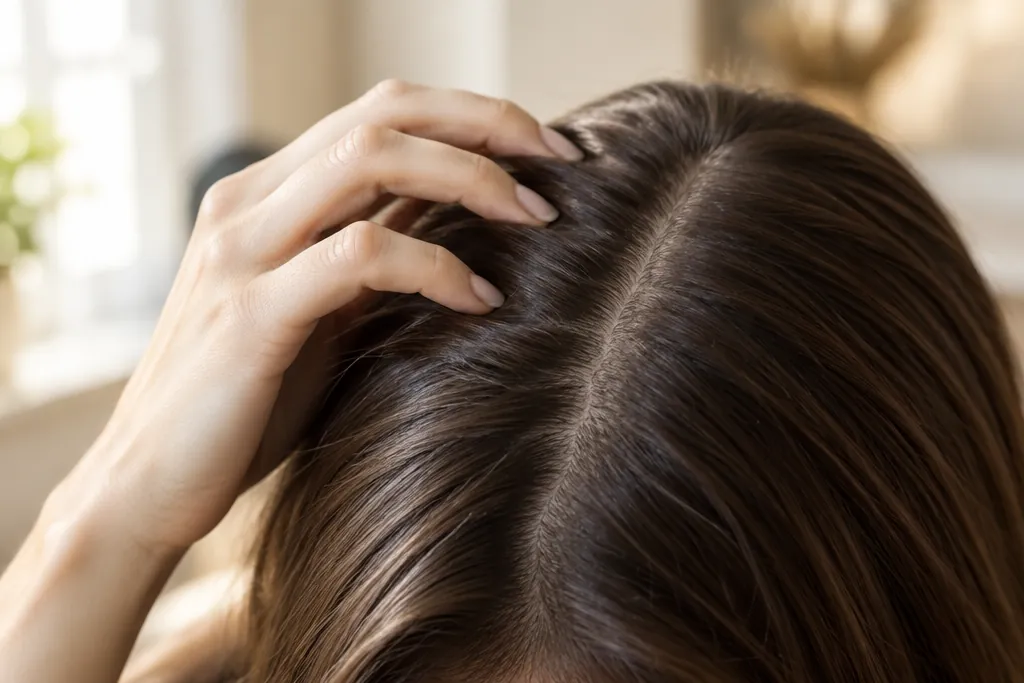 A woman running her fingers through thick, healthy hair at the part.