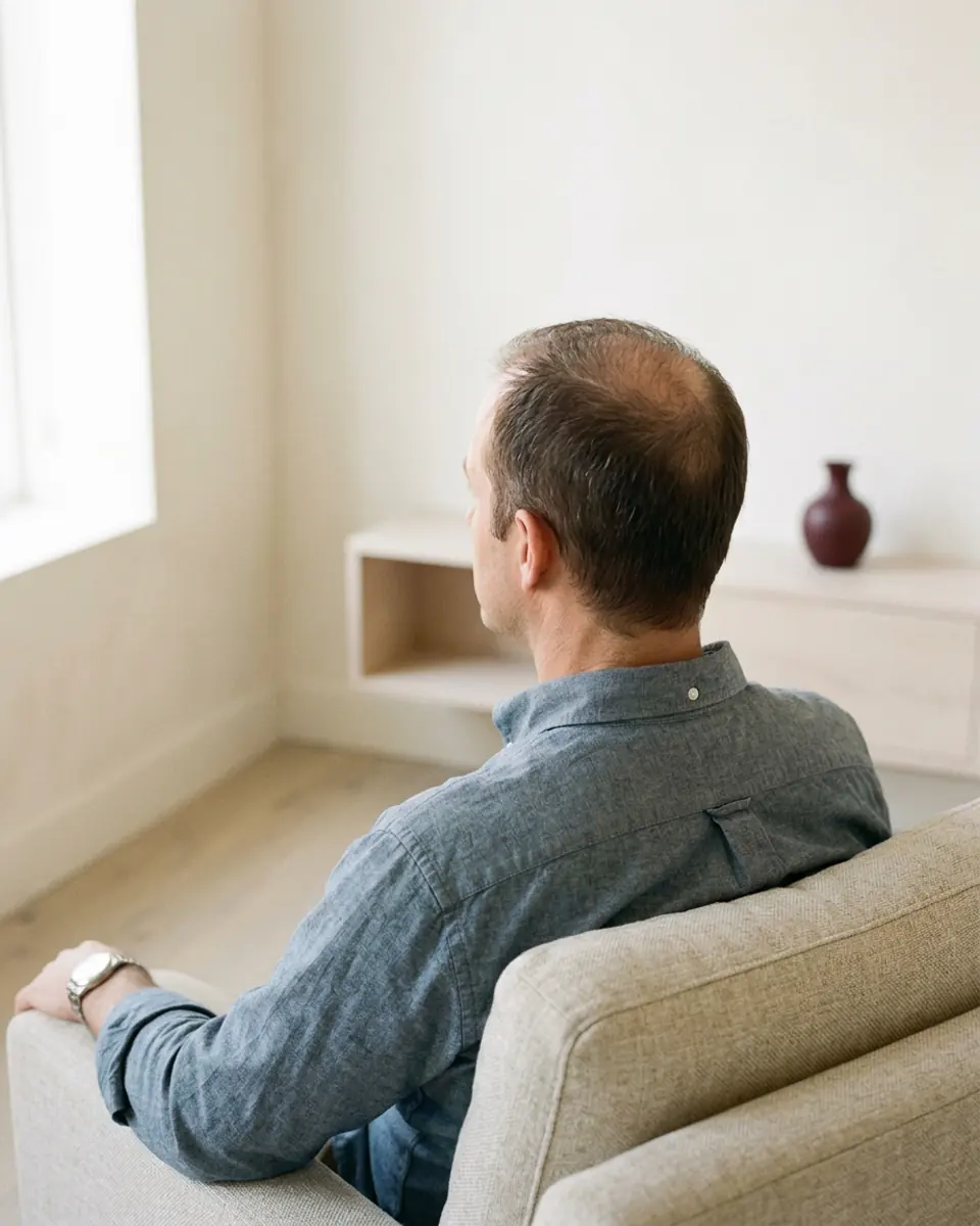 A man seen from behind and slightly above, with thinning hair at the crown, seated in a consultation room.