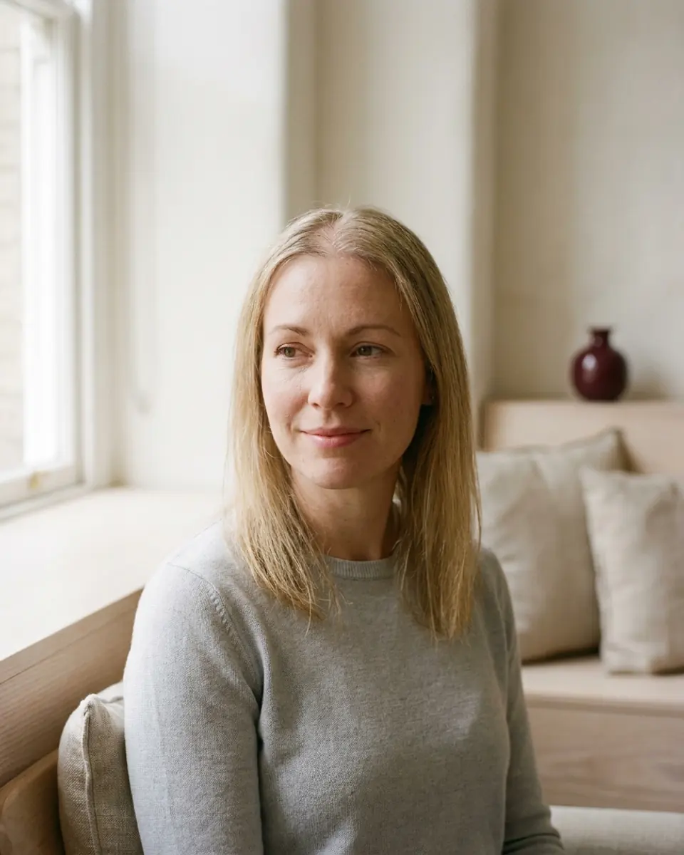 A woman with fine, straight, fair hair, seated by a window in a consultation room.