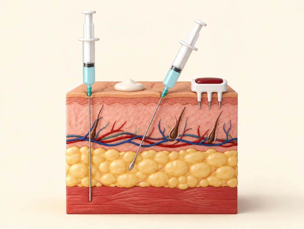 A cut-away diagram of scalp skin, not to scale. A standard needle goes straight down through the skin and fat into the muscle. A second standard needle enters at an angle and ends in the fat. A dollop of cream sits on the surface. The needle we use is a tiny three-point tip that stops just inside the skin, in the layer where the hair follicles are.