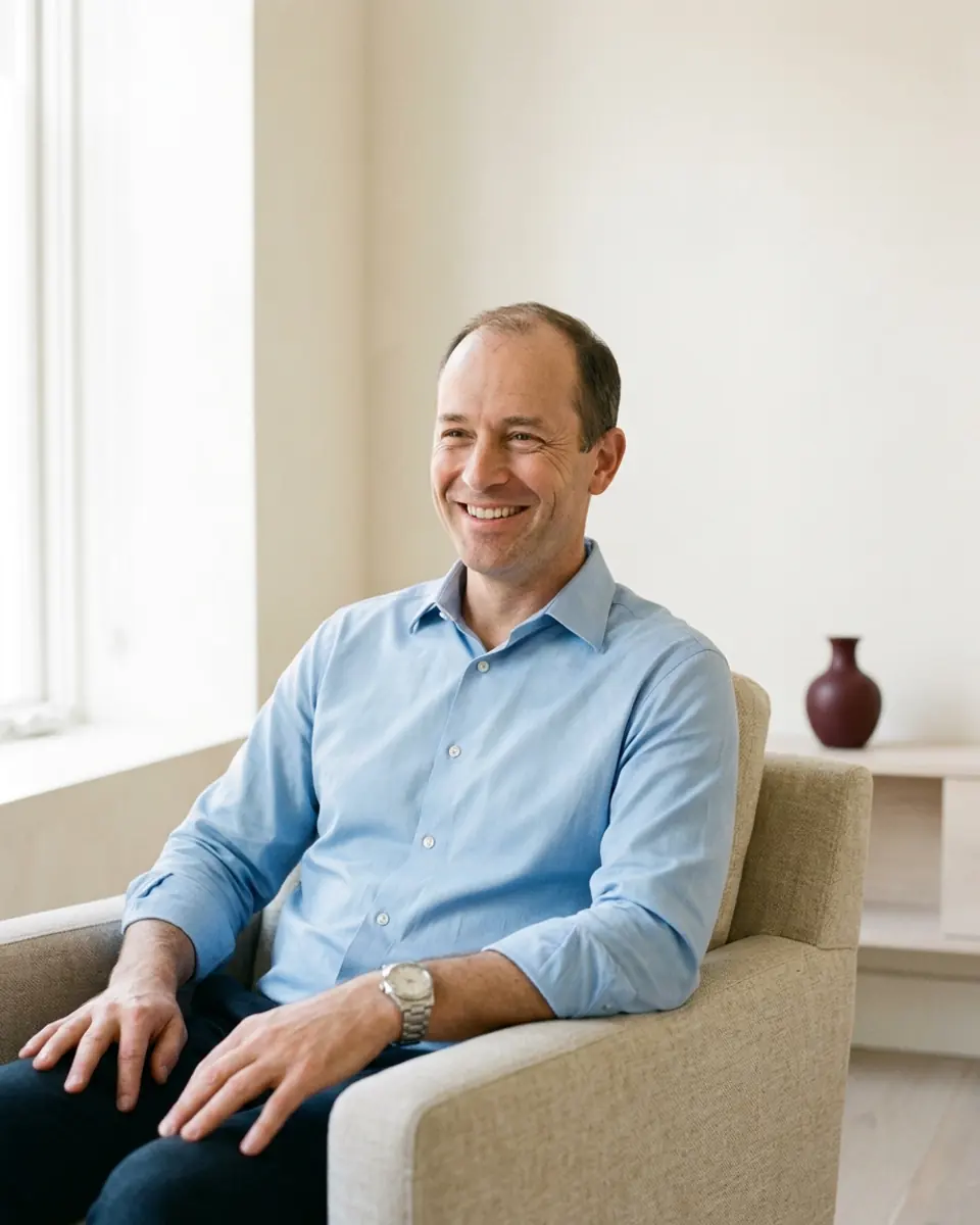 A man in his forties in a light blue collared shirt, smiling as he sits in a consultation room.