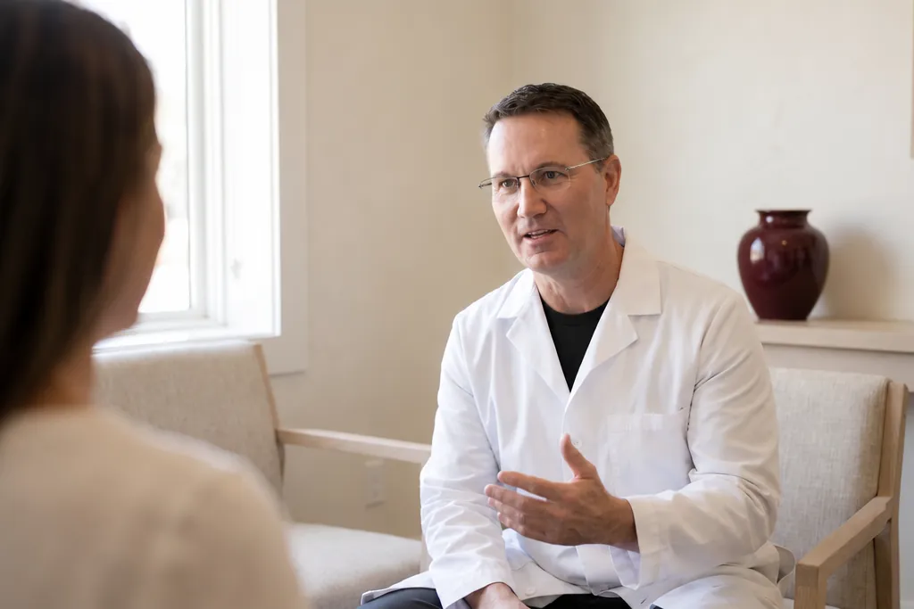 Dr. Aaron Buzzard, MD, in glasses and a white coat over black scrubs, sitting and talking with someone across a low table in a consultation room.