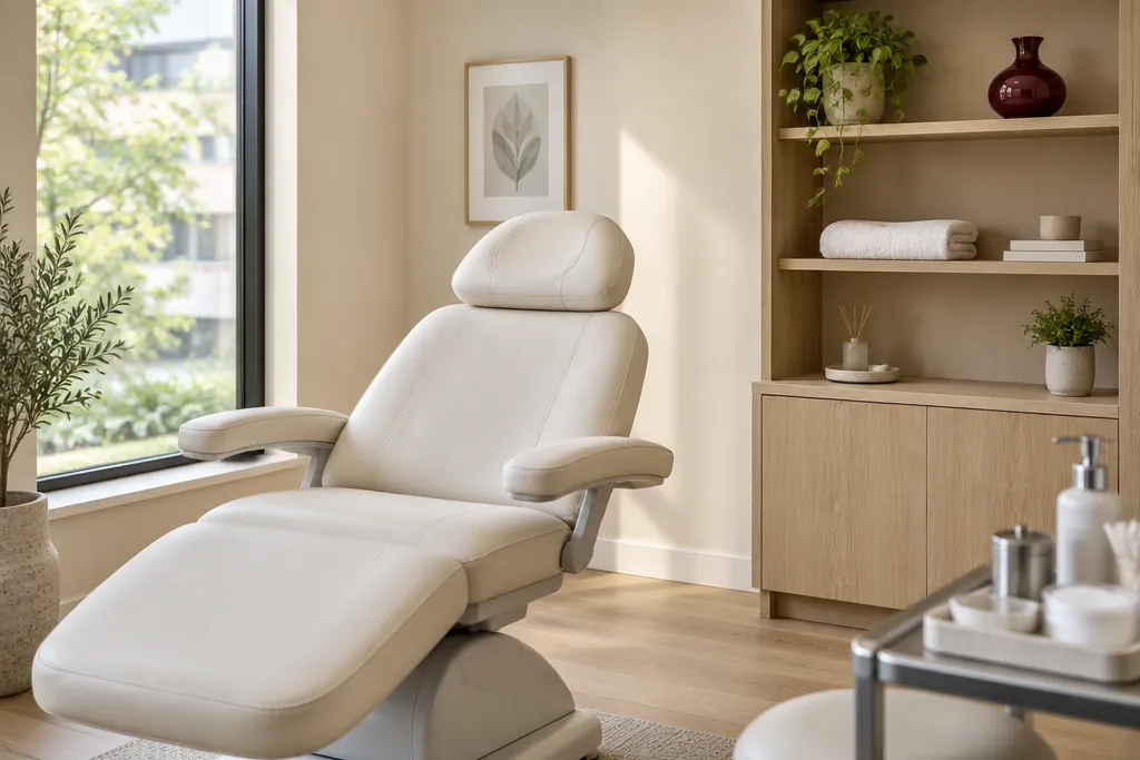 A calm private treatment room with a cream treatment chair beside a tall window.