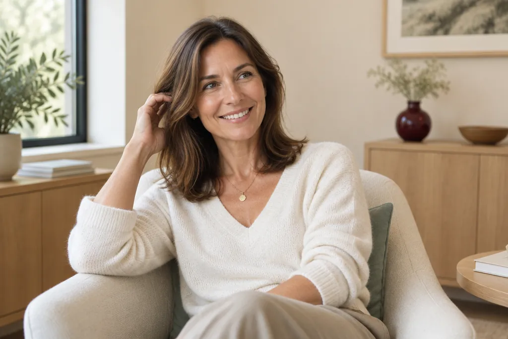 A smiling woman with healthy shoulder-length hair, relaxed in an armchair in a warm consultation room.