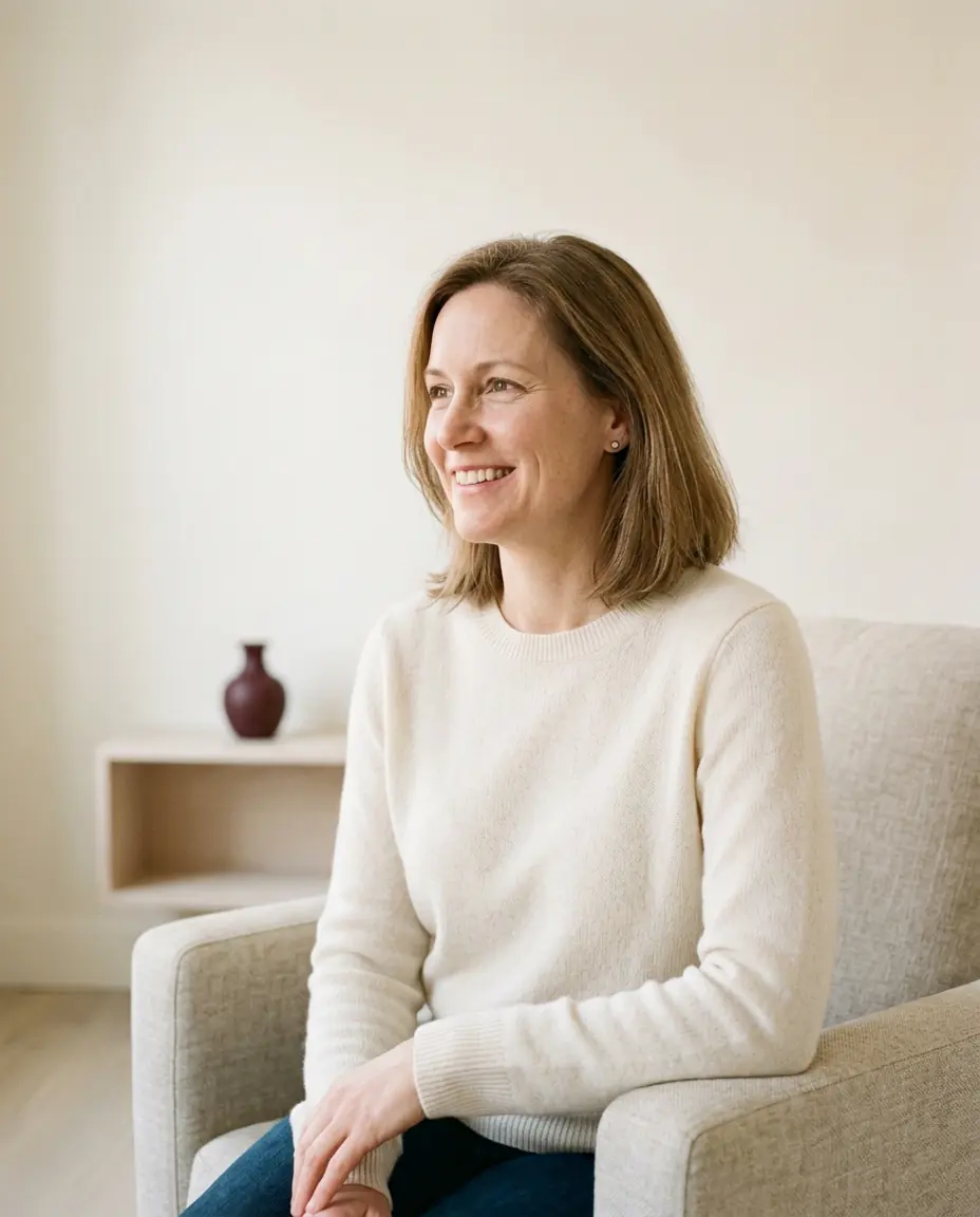 A woman in her forties with shoulder-length hair, smiling as she sits in a consultation room.